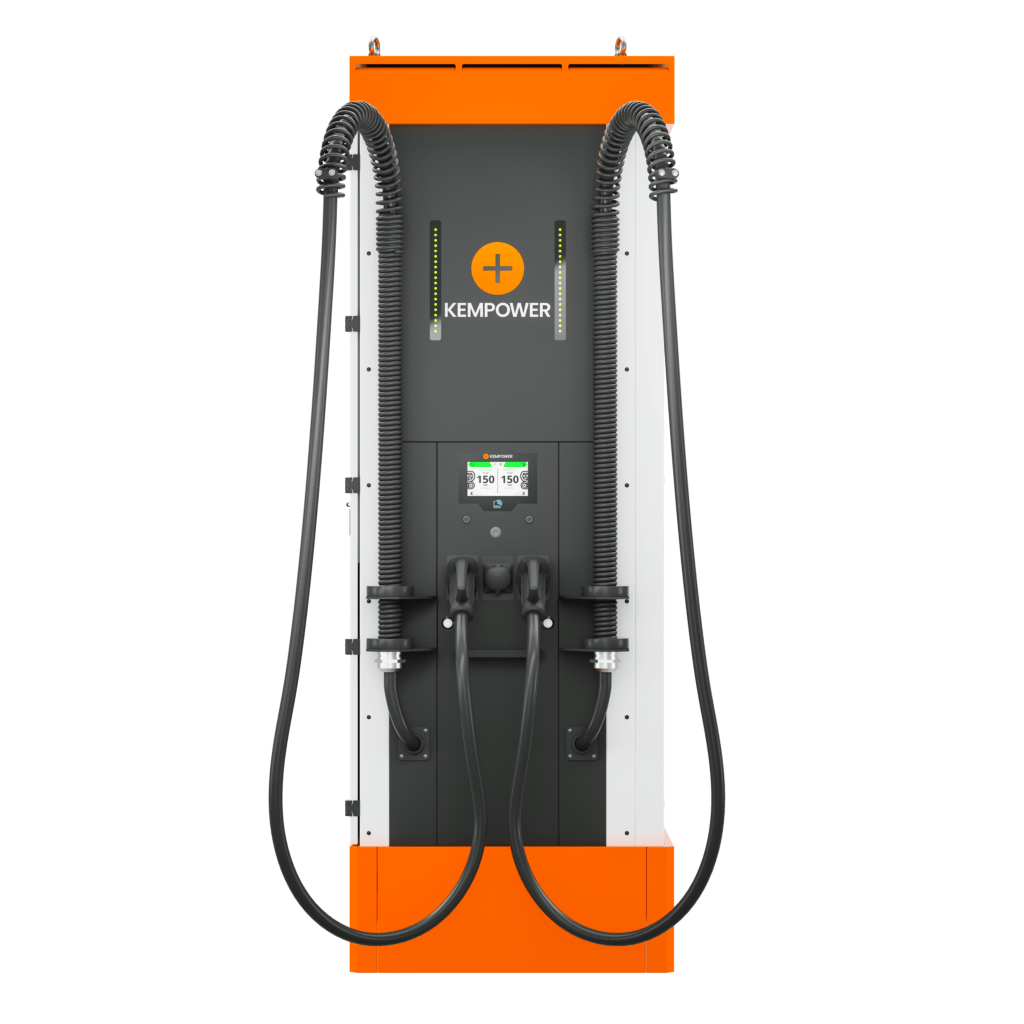 An electric vehicle charging station with two connectors, featuring a modern design with orange and black colors.
