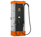 Dual-port electric vehicle charging station with digital display and orange cables.