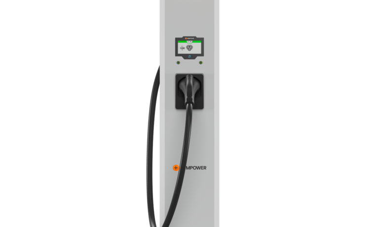 Electric vehicle charging station with a digital display and a connected charging cable. The unit is tall and rectangular with orange accents at the top and bottom.