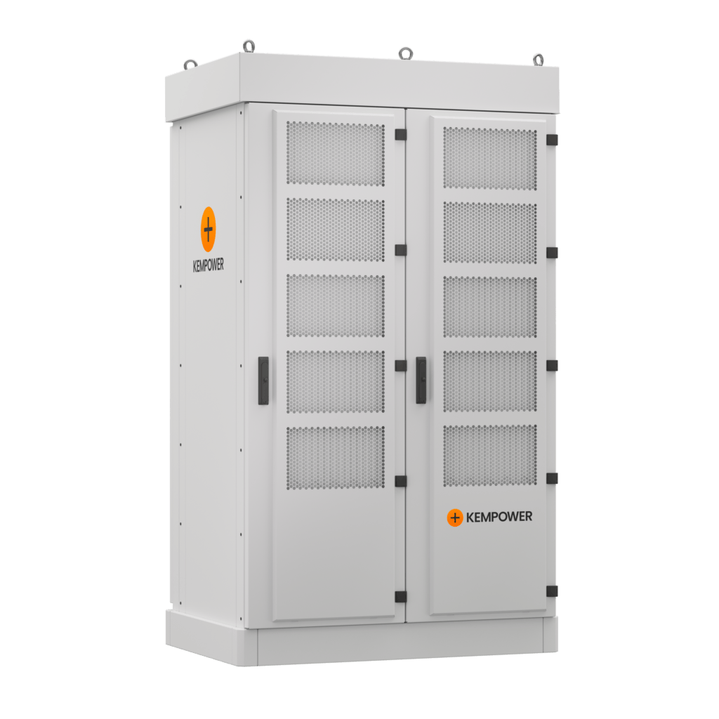 A large, industrial-sized electrical cabinet with multiple doors and ventilation grilles, branded with "kempower.