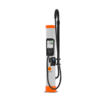 Modern electric vehicle charging station with digital display and connector cable.