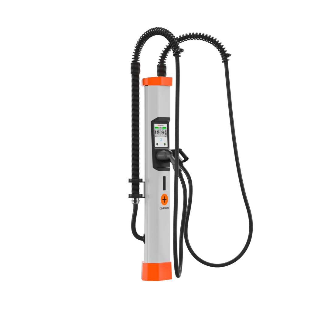An electric vehicle charging station with two connectors, featuring a modern design with orange and black colors.